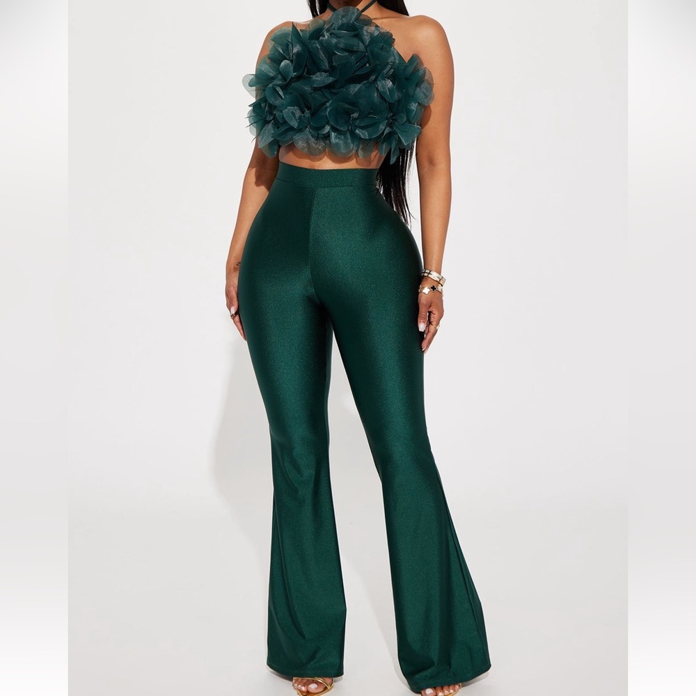 Fashion Nova Dark Green Halter Top and Flare Pants Set